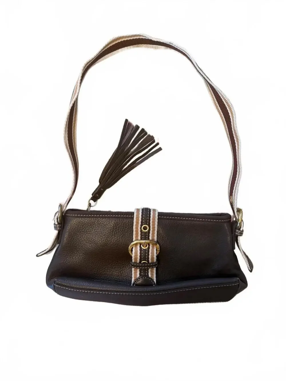 The Sak Brown Leather Shoulder Bag with Striped Strap and Tassel